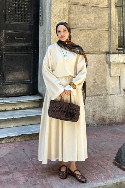 Organik Keten Balon Etek & V Yaka Bluz Takım