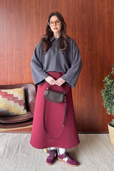 Antrasit 3 İplik Polo Yaka Body & Bordo Scuba Etek Takım