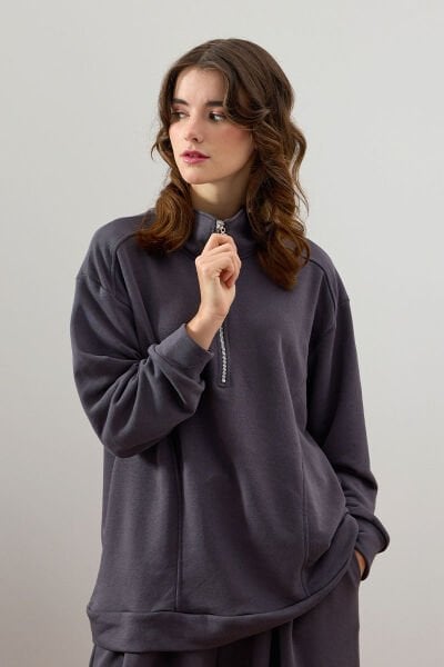 Antrasit 3 İplik Yarım Fermuarlı Sweat