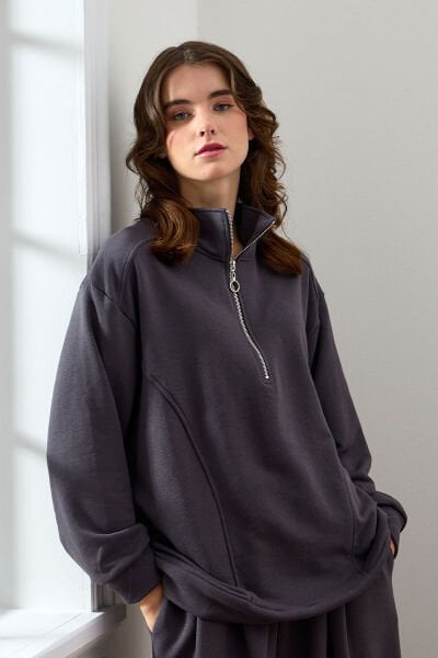 Antrasit 3 İplik Yarım Fermuarlı Sweat