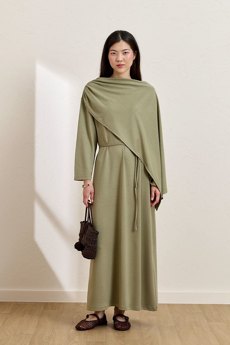 Çağla Yeşili Oysho Şal Yaka Elbise