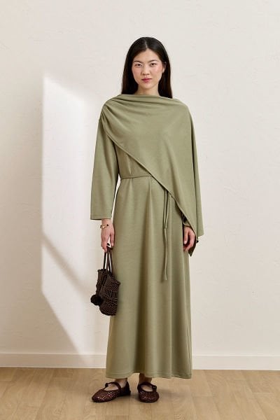 Çağla Yeşili Oysho Şal Yaka Elbise