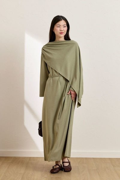 Çağla Yeşili Oysho Şal Yaka Elbise