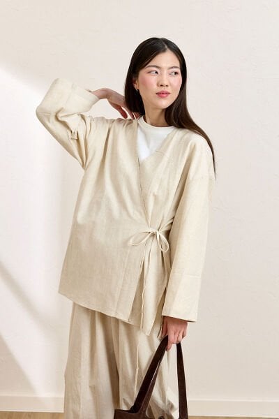 Krem Organik Keten Bağlamalı Tunik