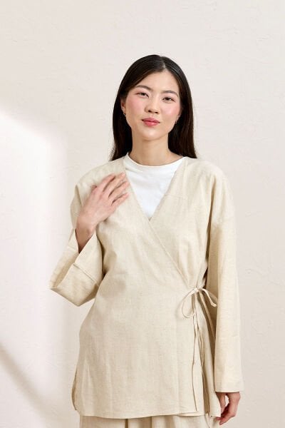 Krem Organik Keten Bağlamalı Tunik