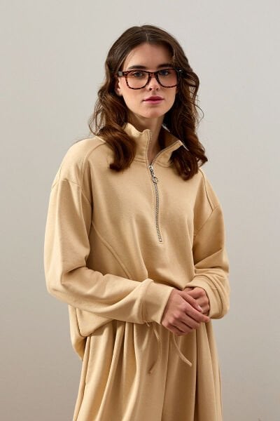 Bej 3 İplik Yarım Fermuarlı Sweat