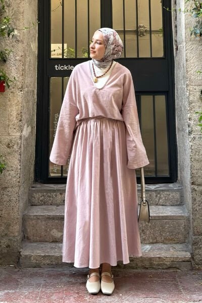 Gül Kurusu Organik Keten Balon Etek & V Yaka Bluz Takım