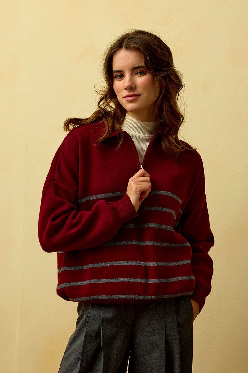 Bordo Çizgili Triko Kazak