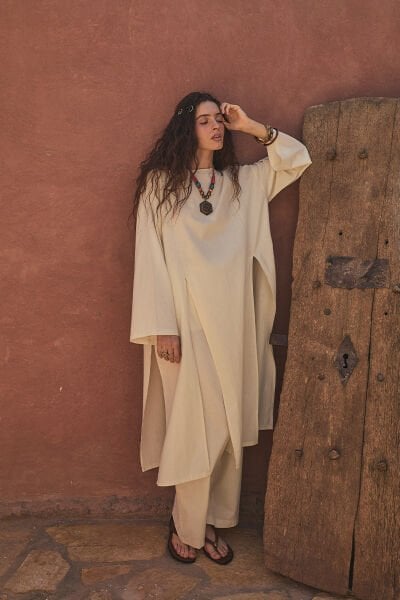 Krem Organik Keten Parçalı Tunik Pantolon Takım