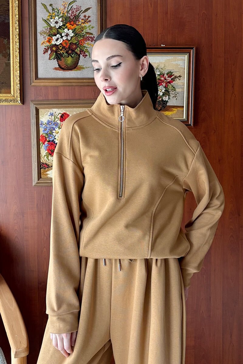 Karamel 3 İplik Yarım Fermuarlı Sweat