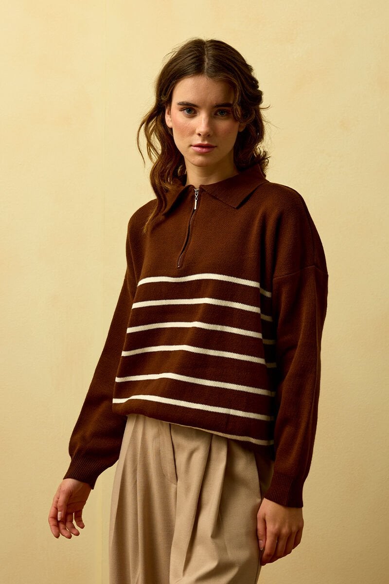 Acı Kahve Çizgili Triko Kazak