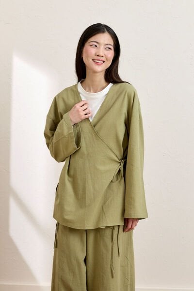 Haki Organik Keten Bağlamalı Tunik