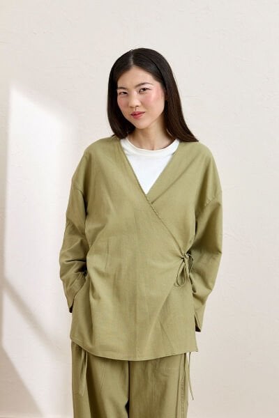 Haki Organik Keten Bağlamalı Tunik
