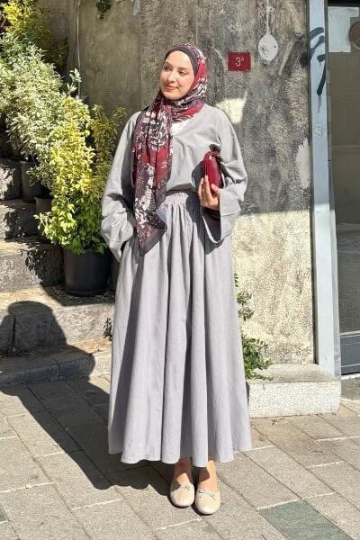 Gri Organik Keten Balon Etek & V Yaka Bluz Takım