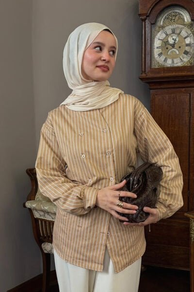 Karamel Çizgili Dik Yaka Retro Gömlek