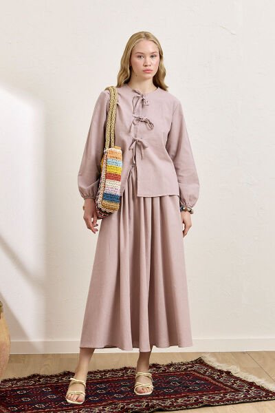 Gül Kurusu Üç Fiyonklu Organik Keten Bluz & Balon Etek Takım