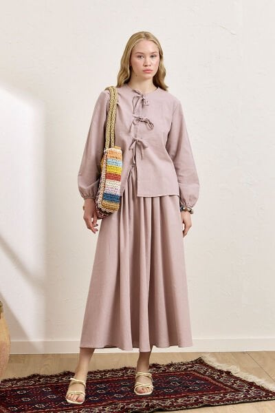 Gül Kurusu Üç Fiyonklu Organik Keten Bluz & Balon Etek Takım