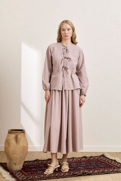 Gül Kurusu Üç Fiyonklu Organik Keten Bluz & Balon Etek Takım