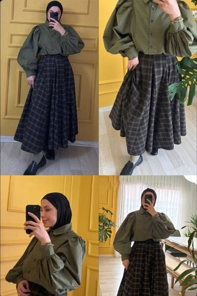 Haki Klasik Yaka Crop Gömlek