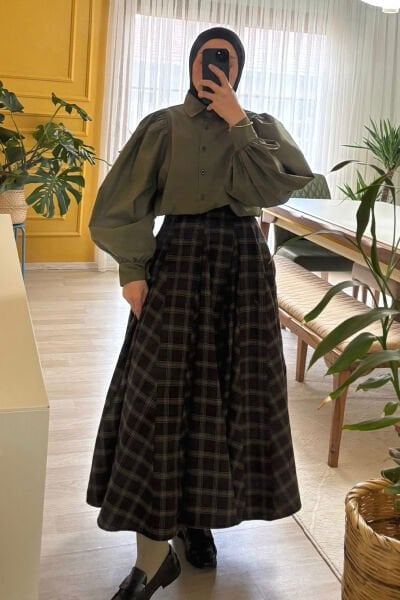 Haki Klasik Yaka Crop Gömlek