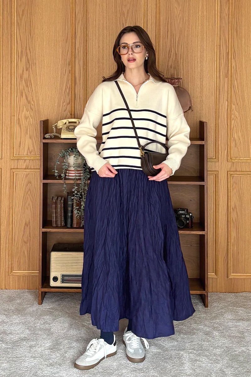 Lacivert Kraşlı Balon Etek