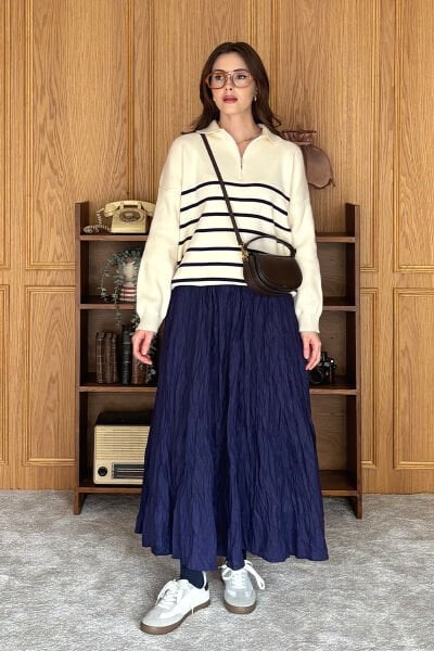 Lacivert Kraşlı Balon Etek