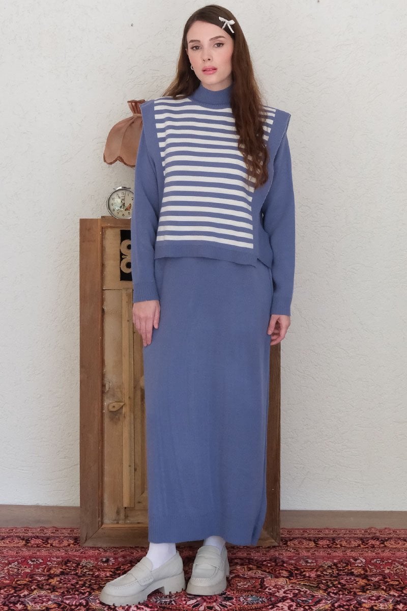 Beyaz Çizgili İndigo Süveter Triko Elbise Takım