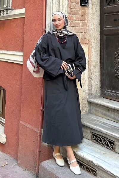 Siyah Organik Keten  Anvelop Etek & V Yaka Bluz Takım