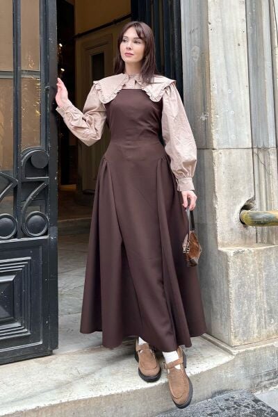 Vizon Yakası Fırfırlı Crop Gömlek & Acı Kahve Krep Korsaj Detay jile Takım