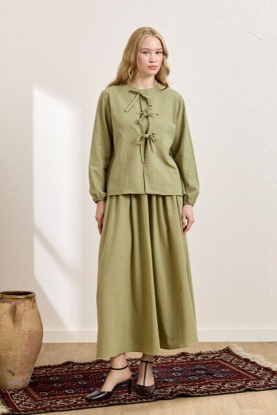 Haki Üç Fiyonklu Organik Keten Bluz & Balon Etek Takım