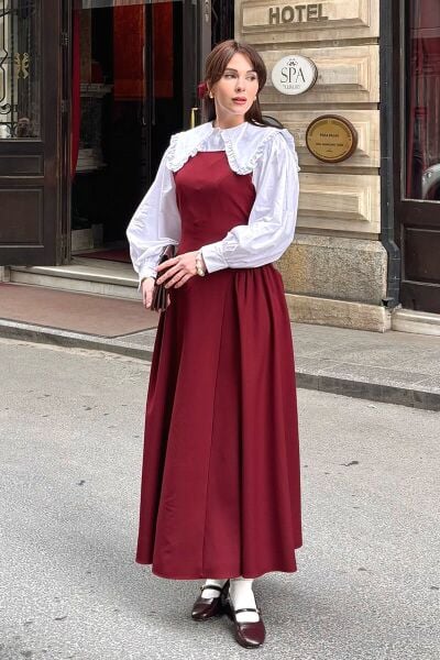 Ekru Yakası Fırfırlı Crop Gömlek & Bordo Krep Korsaj Detay jile Takım