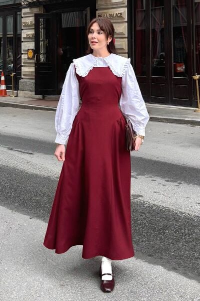 Ekru Yakası Fırfırlı Crop Gömlek & Bordo Krep Korsaj Detay jile Takım