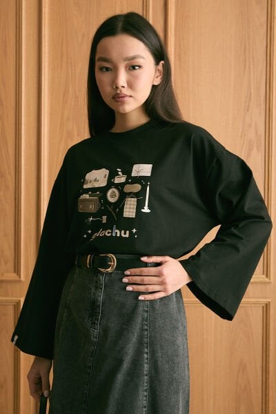 Siyah Glochu Baskılı Basic Body