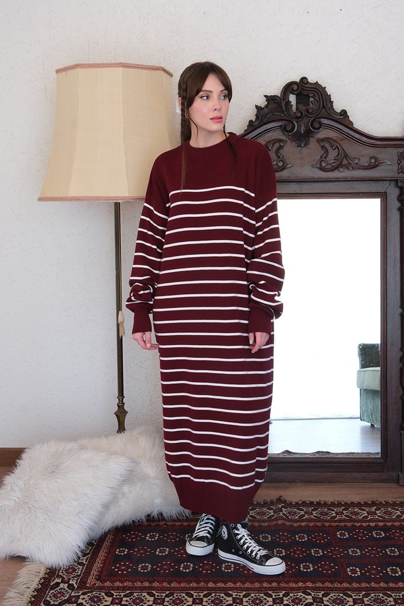Bordo Çizgili Triko Elbise