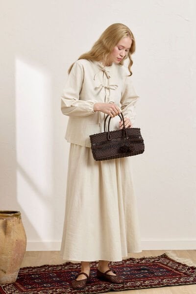 Krem Üç Fiyonklu Organik Keten Bluz & Balon Etek Takım