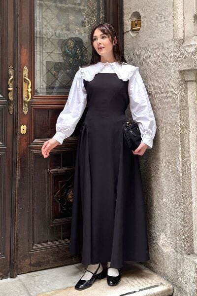 Ekru Yakası Fırfırlı Crop Gömlek & Siyah Krep Korsaj Detay jile Takım