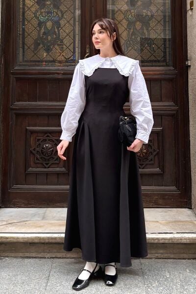 Ekru Yakası Fırfırlı Crop Gömlek & Siyah Krep Korsaj Detay jile Takım