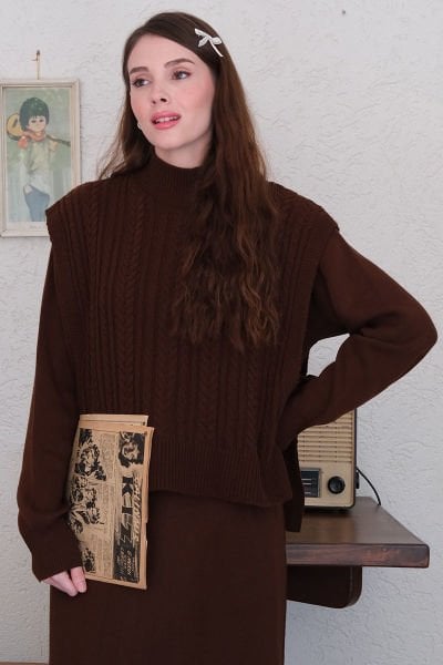 Acı Kahve Süveterli Takım Triko Elbise