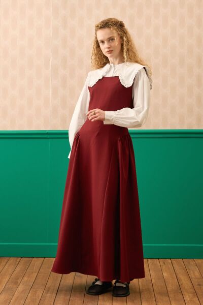 Ekru Yakası Fırfırlı Crop Gömlek & Bordo Krep Korsaj Detay jile Takım