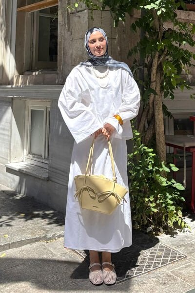 Beyaz Organik Keten  Anvelop Etek & V Yaka Bluz Takım