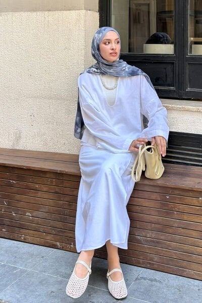 Beyaz Organik Keten  Anvelop Etek & V Yaka Bluz Takım