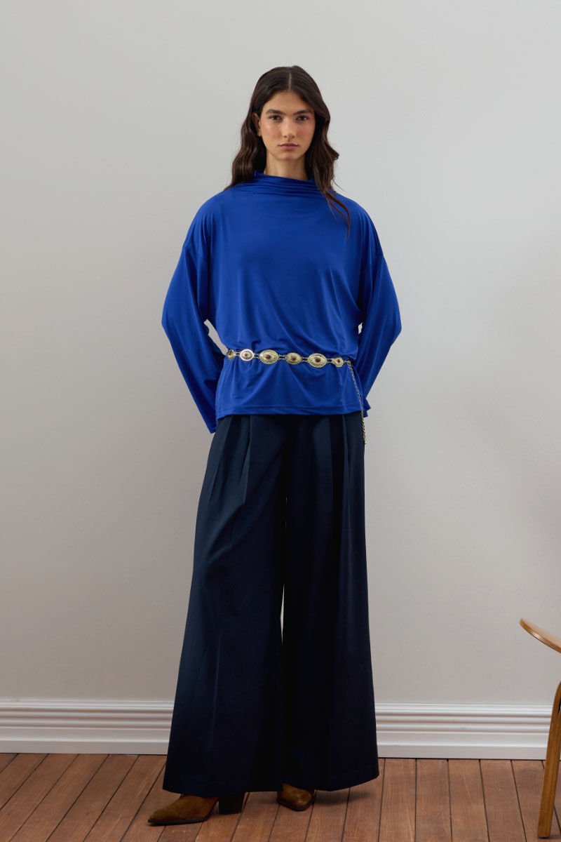 Saks Mavisi Jarse Bluz & Lacivert Pile Detay Palazzo Pantolon Takım