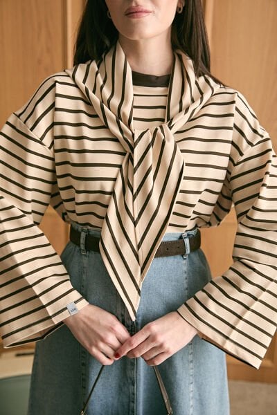 Acı Kahve Fularlı 2 İplik Çizgili Body