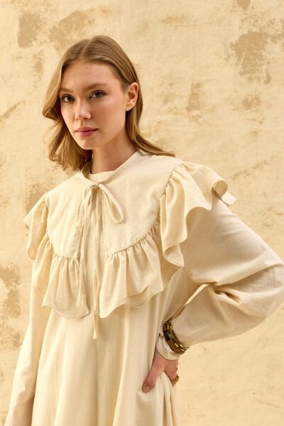 Fransız Yaka Organik Keten Parçalı Elbise