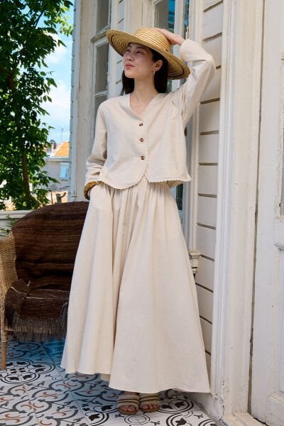 Organik Keten Dantel Detay Ceket & Balon Etek Takım