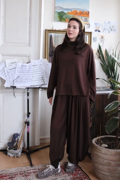 Acı Kahve Oysho Kumaş Pileli Şalvar Takım