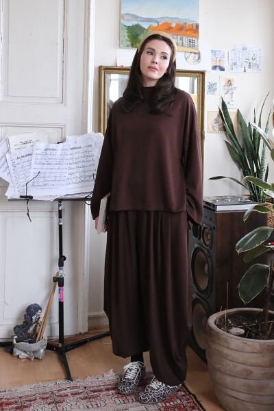 Acı Kahve Oysho Kumaş Pileli Şalvar Takım