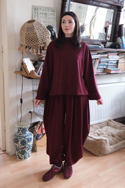 Bordo Oysho Kumaş Pileli Şalvar Takım