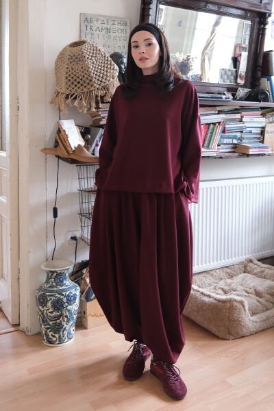 Bordo Oysho Kumaş Pileli Şalvar Takım