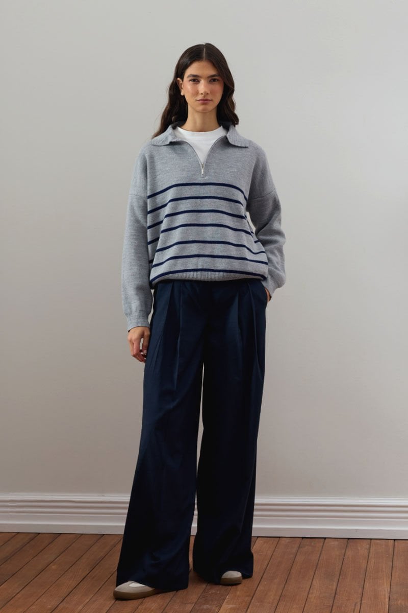 Gri Çizgili Triko Kazak & Lacivert Pile Detay Palazzo Pantolon
